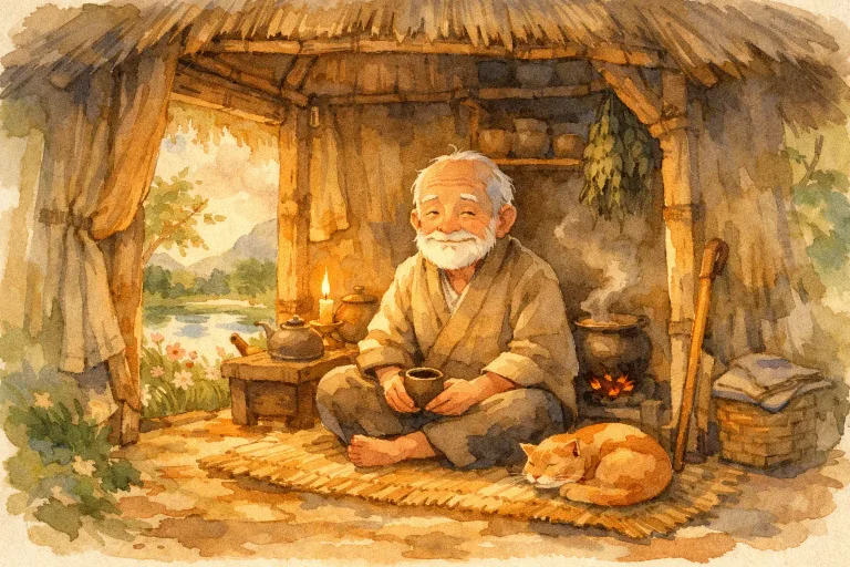 A wise old man sitting peacefully in a simple hut