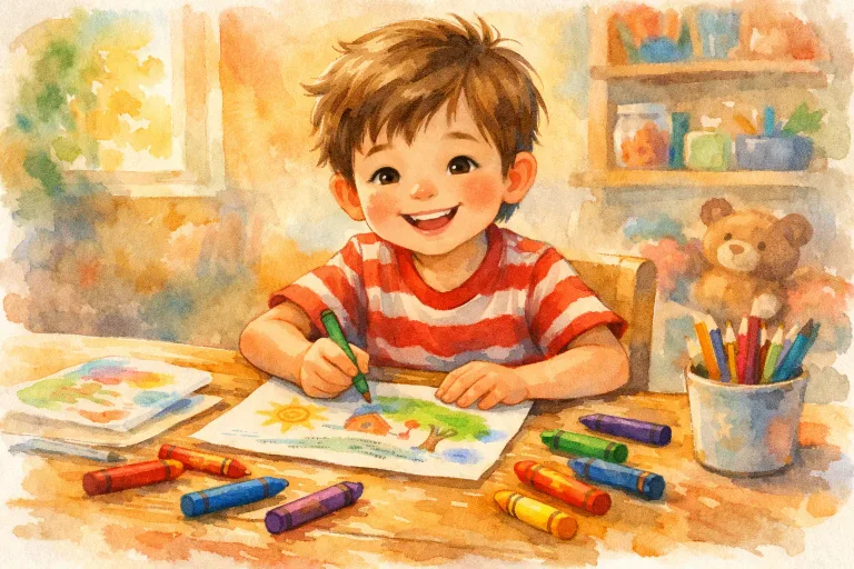 A boy happily drawing with colorful crayons, despite some broken ones