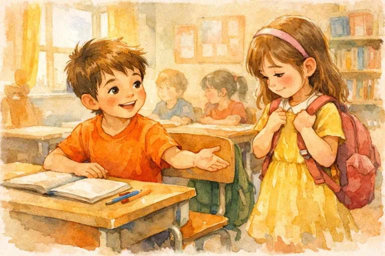 A boy helping a shy girl at school, showing bravery and kindness