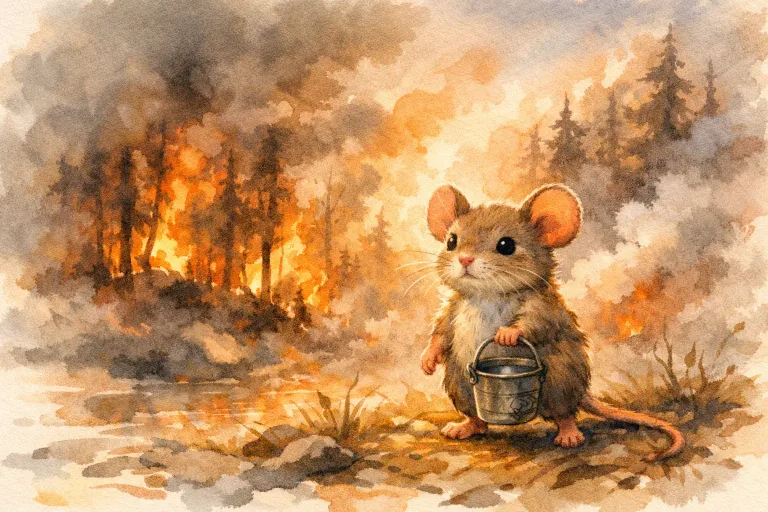 Max the mouse showing bravery by helping extinguish a forest fire