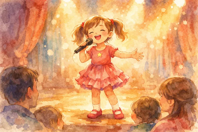 A young girl singing confidently on stage, gathering courage