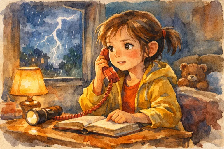 A young girl making a phone call during a storm, showing bravery