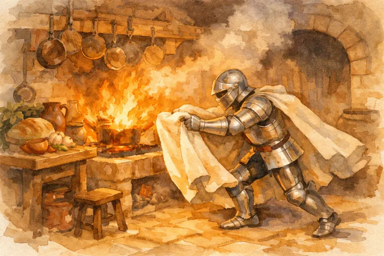 A noble knight facing a small fire in the castle kitchen