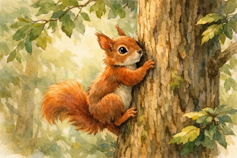 A squirrel carefully climbing a tall tree with a cautious expression