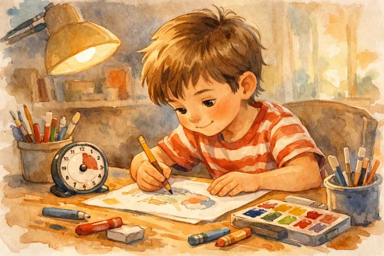 A boy focused on drawing at his desk with a timer nearby