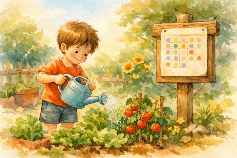 A young boy watering plants on a sunny morning with a schedule chart nearby