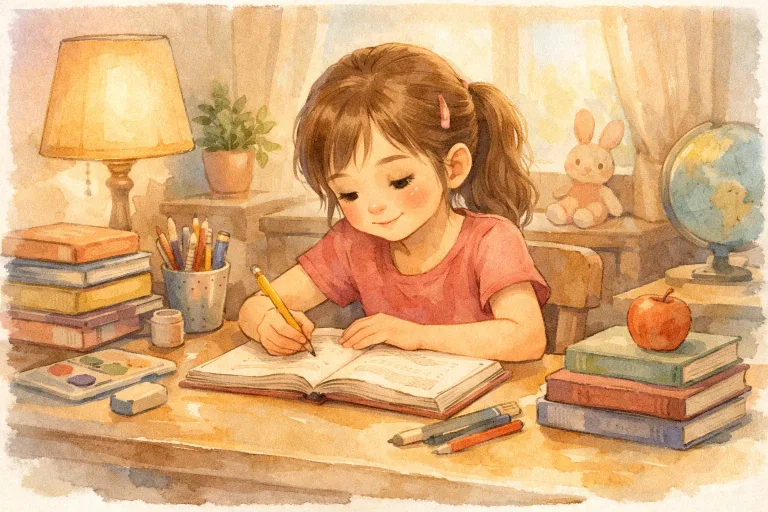 A girl working on her homework at a tidy desk in the afternoon