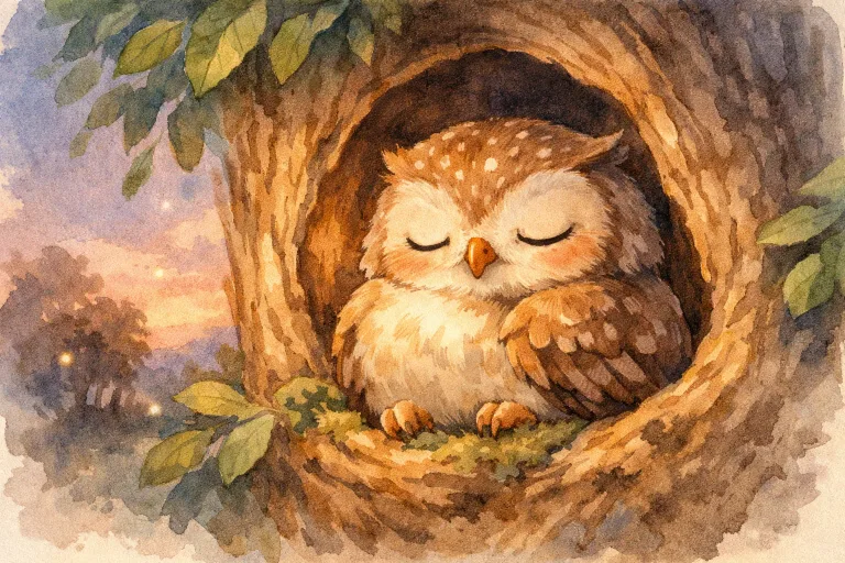 A wise owl sleeping peacefully in a tree at dusk