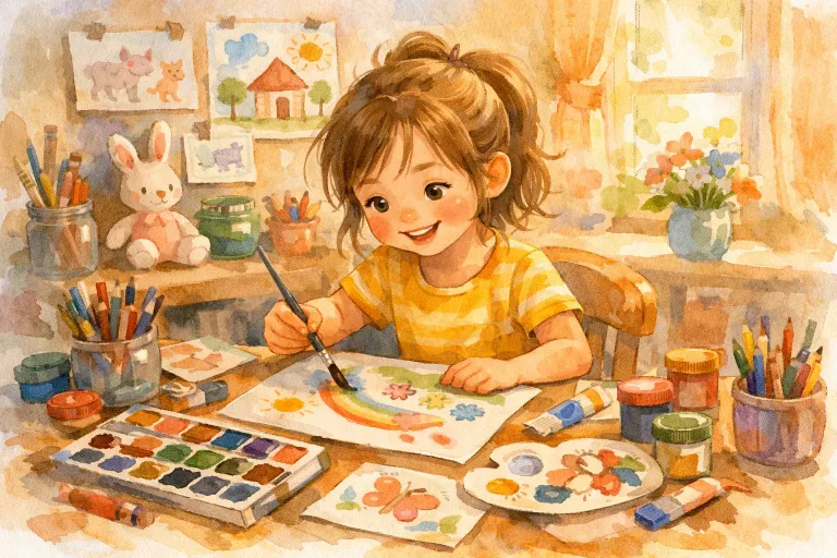 A girl painting happily in her colorful art corner