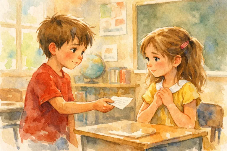 A boy handing a handwritten apology letter to a girl in a classroom