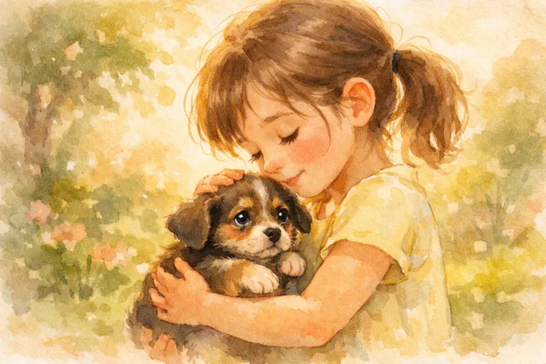A girl gently holding a trembling puppy in her hands