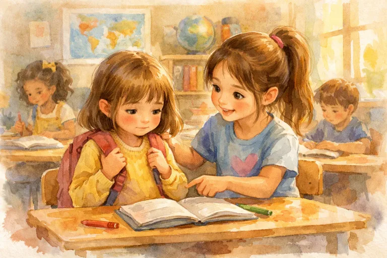 A girl welcoming a new student into her classroom with a smile