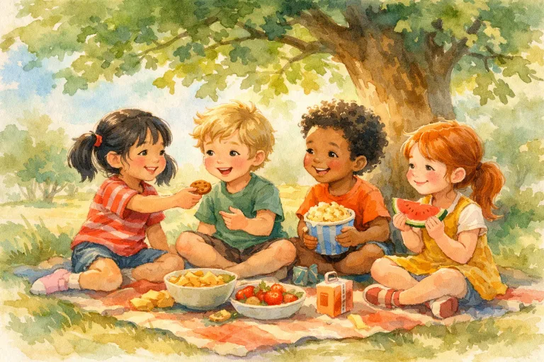 Children sharing snacks and playing under a big tree in a colorful storybook style