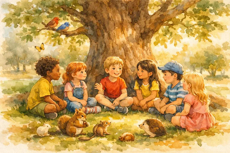 children gathered around a grand old tree, sunlight streaming through green leaves, birds and animals nearby