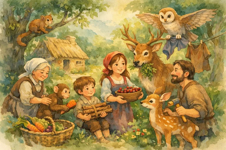 forest animals like owls, monkeys, and deer helping humans in a peaceful woodland scene