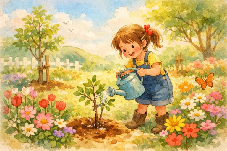 young girl happily watering a small garden with blooming flowers and new trees, under a bright sky