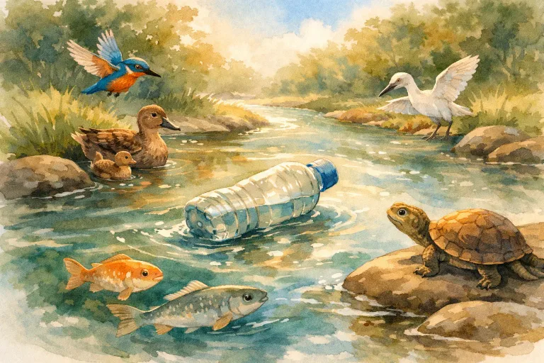 a plastic bottle floating down a river with fish and birds nearby, showing its journey through nature