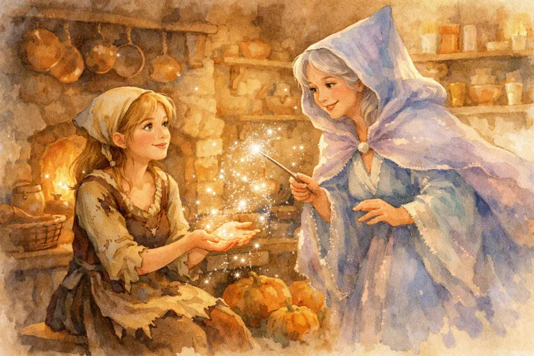 Cinderella and her fairy godmother in a warm storybook scene