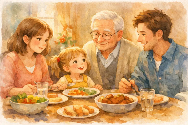 Family dining together, grandparent and child smiling across the table in a gentle storybook style