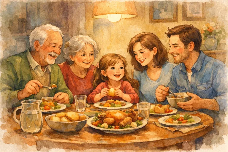 A warm, loving family gathered around a wooden table, three generations sharing a happy meal
