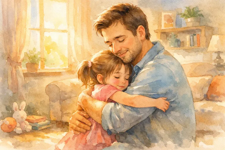 Father hugging his daughter in a cozy sunlit home, emotional storybook quality
