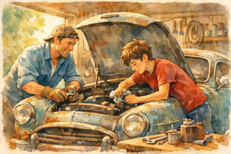 Father and son restoring an old vintage car together in a sunny garage, storybook illustration