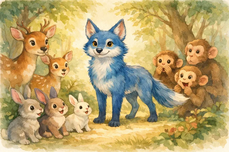 A surprised group of forest animals stares at a blue-colored jackal standing proudly among them.