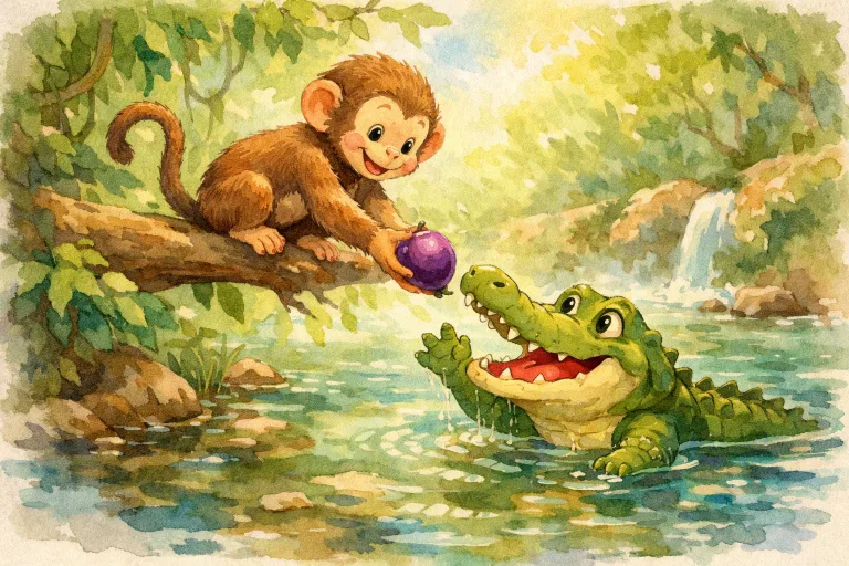 A clever monkey on a tree offers fruit to a crocodile in a friendly, sunlit riverside scene.