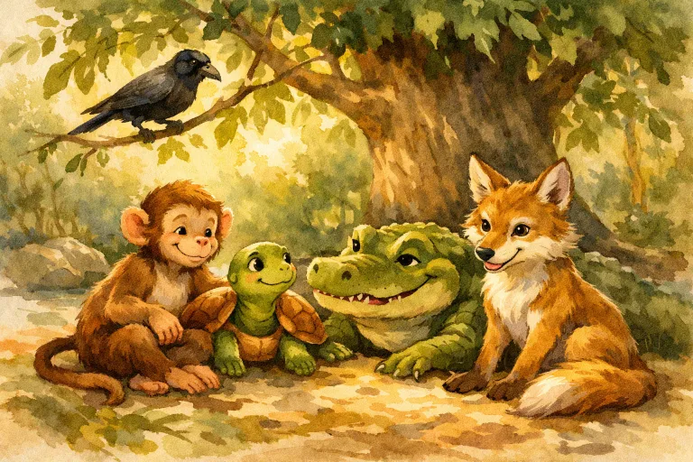 A watercolor illustration of a group of Panchatantra animal characters—monkey, crocodile, jackal, turtle, and crow—gathered beneath a tree in a lush Indian forest, with soft golden light.