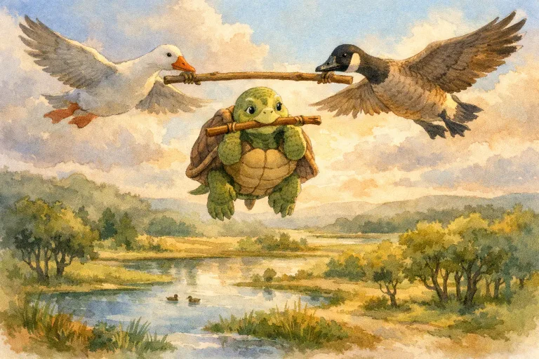 A turtle clings to a stick held by two geese flying over a landscape, in a gentle watercolor scene.