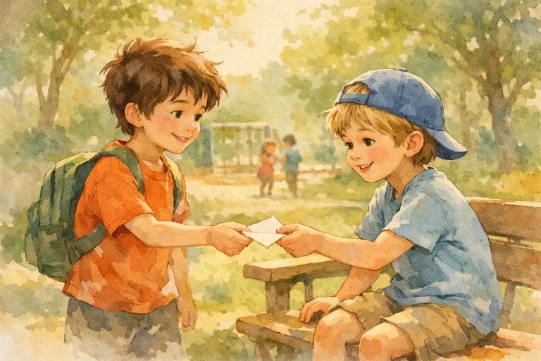 A boy giving a handwritten apology note to his friend