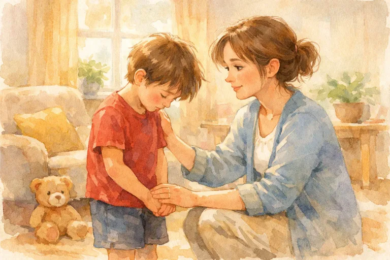 A mother hugging her son after he accidentally broke a vase