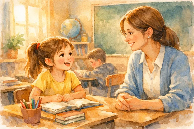 A young girl telling her teacher about spilling water on her homework