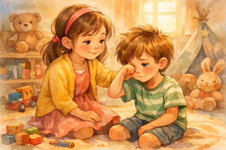 Little girl forgiving her brother after he accidentally broke her toy