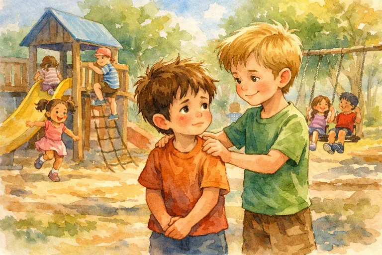 A boy apologizing after accidentally pushing a friend during a game