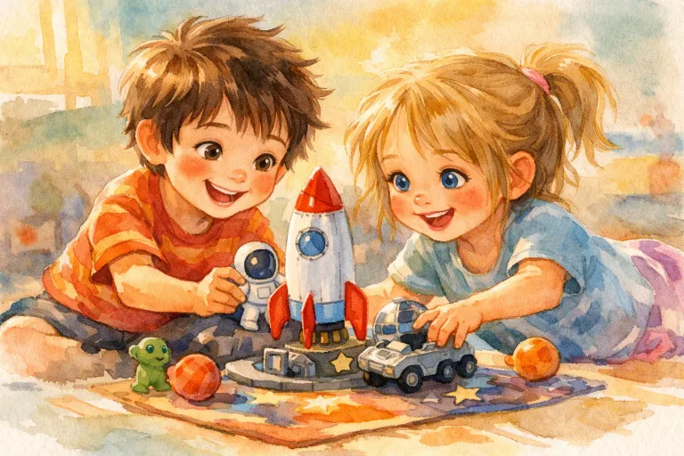 Two children happily sharing a toy after an argument