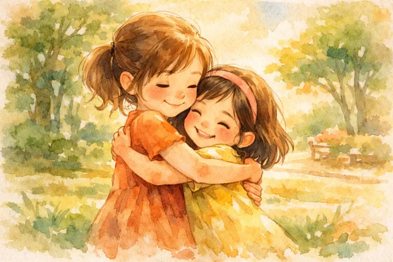 Two friends hugging after clearing a misunderstanding about their paths home
