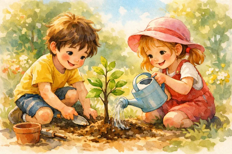 Children planting a sapling and caring for it together
