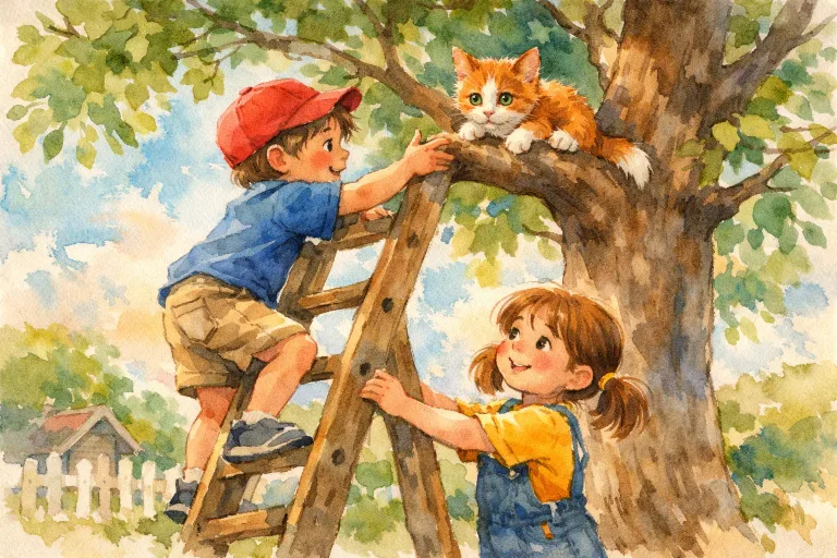 Two children rescuing a kitten stuck in a tree