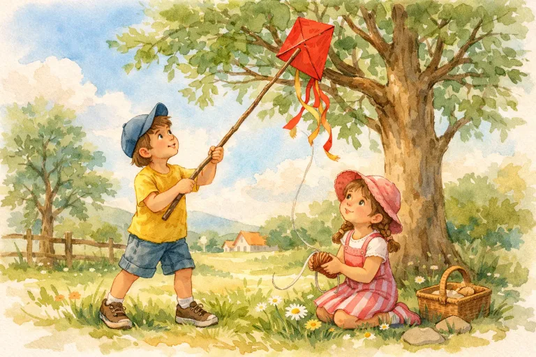 Two children working together to retrieve a kite stuck in a tree