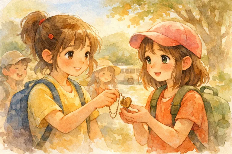 A girl returning a lost locket to her friend during a school trip