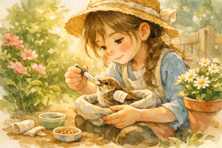 A girl caring for a tiny injured bird with kindness
