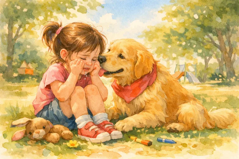 A cheerful golden retriever helping a girl find her lost toy in a park