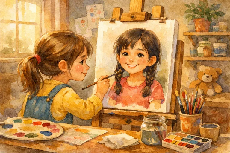A girl finishing a portrait of her friend with love and care