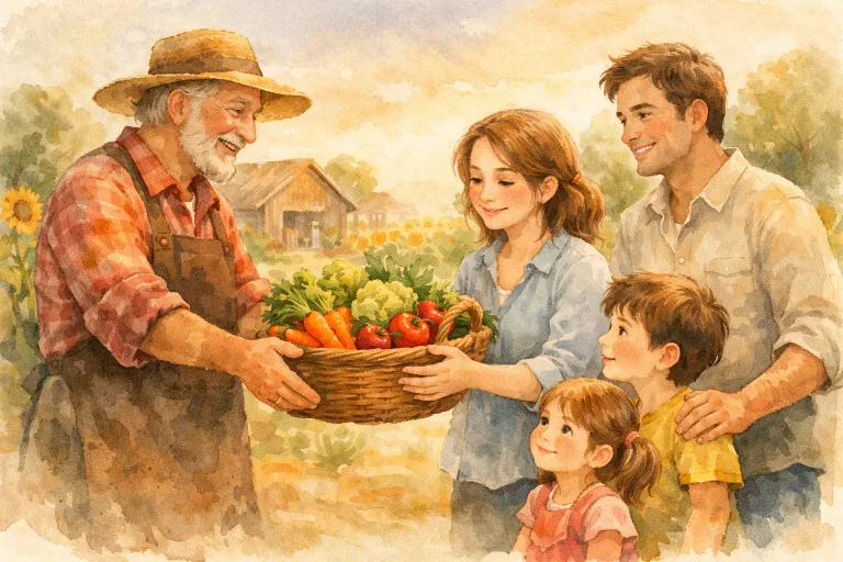 A smiling farmer handing vegetables to a family, warm watercolor style