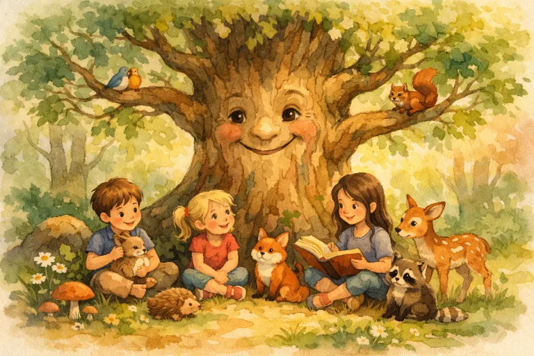 A wise old tree with children and animals around it, soft watercolor style