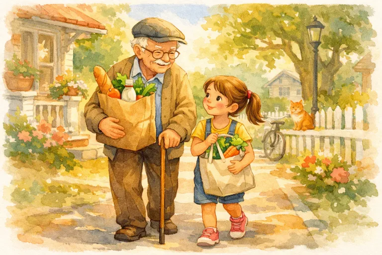 A young girl helping an elderly man with groceries, soft watercolor style