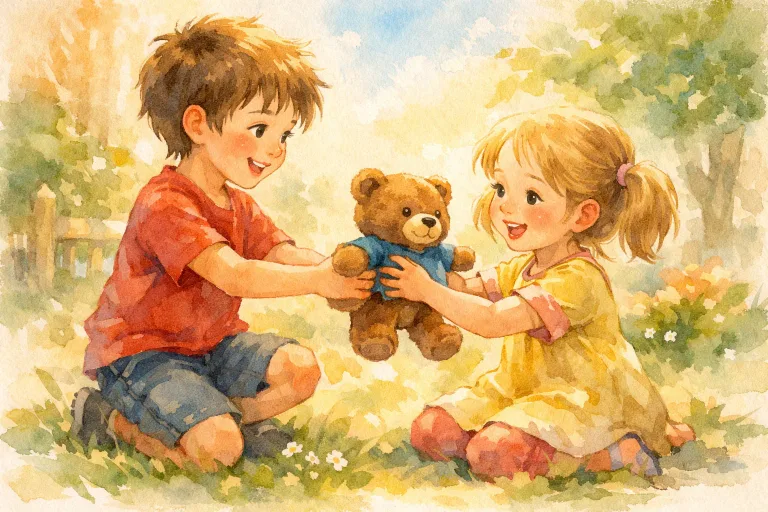 A boy giving a toy to a girl, cheerful watercolor style