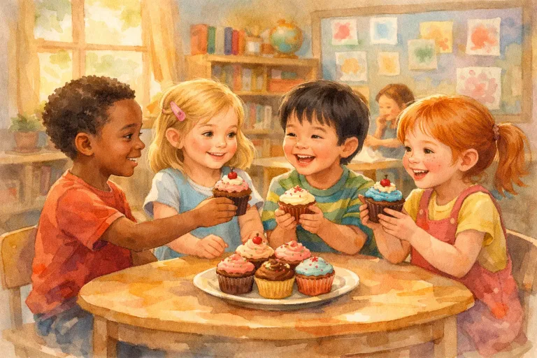 Children sharing cupcakes in a colorful classroom, gentle watercolor style