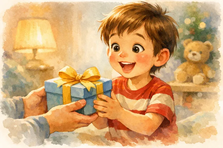 A happy boy receiving a gift with a heartfelt thank you, showing appreciation
